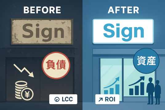 老朽化した看板と、LED化され美しく輝く看板のBefore/After。看板が資産となる投資対効果と長寿命化のメリットを示