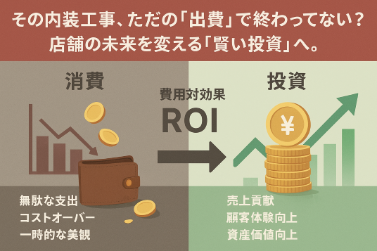 内装工事を消費として描かれた落ちるコインのイラストと、投資として描かれた積み上がるコインのタワーの対比。費用対効果を最大化する内装工事の重要性を示す。